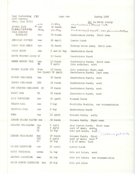 An annotated list of birds sighted by Paul Martsching. This item was used as supporting documentation for the Iowa Ornithologists' Union Quarterly field report of Spring 1986.