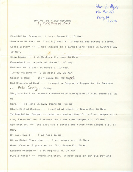 An annotated list of birds sighted by Erik Munson. This item was used as supporting documentation for the Iowa Ornithologists' Union Quarterly field report of Spring 1986.
