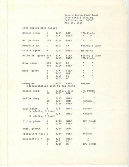 An annotated list of birds sighted by Babs & Loren Padelford and five others. This item was used as supporting documentation for the Iowa Ornithologists' Union Quarterly field report of Spring 1986.