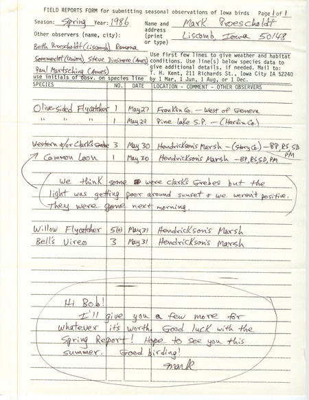 An annotated list of birds sighted by Mark Proescholdt and four others. This item was used as supporting documentation for the Iowa Ornithologists' Union Quarterly field report of Spring 1986.