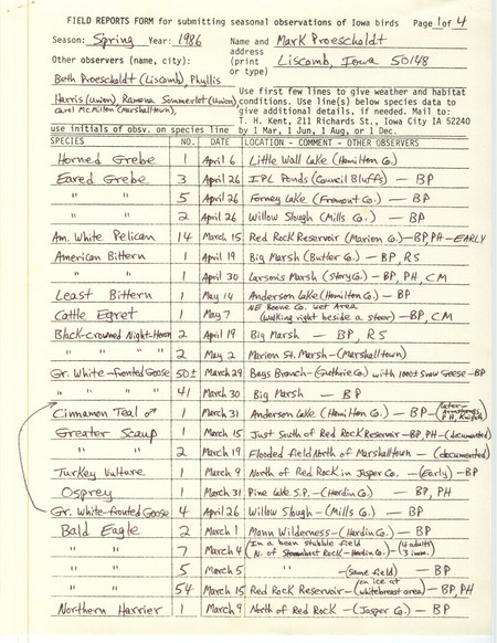 An annotated list of birds sighted by Mark Proescholdt and four others. This item was used as supporting documentation for the Iowa Ornithologists' Union Quarterly field report of Spring 1986.