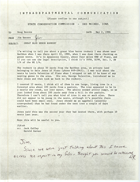 Letter from James L. Hansen to Doug Reeves regarding a Great Blue Heron Rookery in Appanoose County, submitted May 2 1986. This item was used as supporting documentation for the Iowa Ornithologists' Union Quarterly field report of summer 1986.