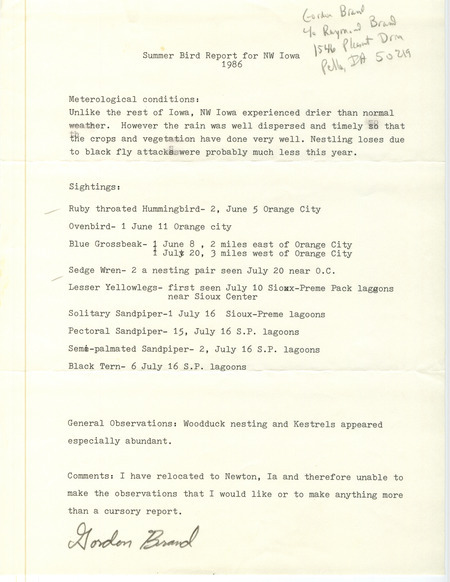 Field report titled "Summer bird report for northwest Iowa, 1986," submitted by Gordon Brand. A note discussing the weather conditions states that it was a drier than average year for northwest Iowa. This item was used as supporting documentation for the Iowa Ornithologists' Union Quarterly field report of summer 1986.