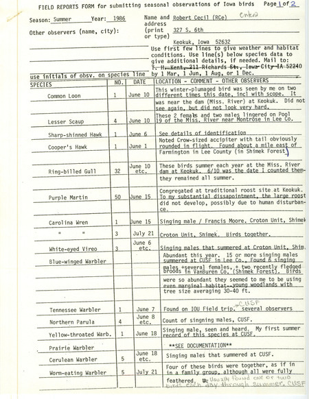 Letter from Robert I. Cecil to James J. Dinsmore regarding bird sightings July 31, 1986. Includes checklist of sightings made by Cecil. A Blue Grosbeak family is noted in the letter. Several instances of birds singing are mentioned in the checklist. This item was used as supporting documentation for the Iowa Ornithologists' Union Quarterly field report of summer 1986.