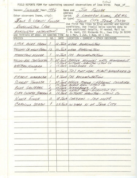 List of birds and locations contributed by James L. Fuller with observers Jane Fuller and Charles Fuller. This item was used as supporting documentation for the Iowa Ornithologists Union Quarterly field report of summer 1986.