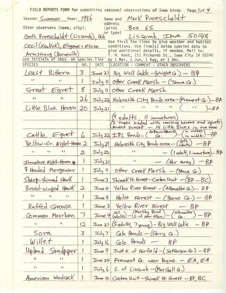 List of birds and locations contributed by Mark Proescholdt with observers Beth Proescholdt, Robert I. Cecil and others. This item was used as supporting documentation for the Iowa Ornithologists Union Quarterly field report of summer 1986.