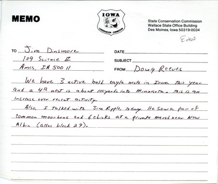 List of birds and locations contributed by Doug Reeves with observer Jim Ripple. Field notes include a report of three active Bald Eagle nests in Iowa. This item was used as supporting documentation for the Iowa Ornithologists Union Quarterly field report of summer 1986.