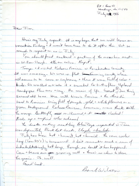 List of birds and locations contributed by Barbara L. Wilson with observer Tanya Bray. Included with the field notes is a letter from Barbara L. Wilson to James J. Dinsmore regarding her visit to Kalsow Prairie State Preserve in Pocahontas County. This item was used as supporting documentation for the Iowa Ornithologists Union Quarterly field report of summer 1986.
