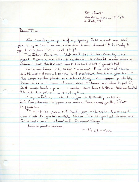List of birds and locations contributed by Barbara L. Wilson with observers Tanya Bray, Babs Padelford and others. Included with the field notes is a letter from Barbara L. Wilson to James J. Dinsmore regarding her spring field report. This item was used as supporting documentation for the Iowa Ornithologists Union Quarterly field report of summer 1986.