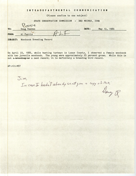 Allen L. Farris letter to Doug Reeves regarding his observation of a female American Woodcock with two juveniles in Lucas County. The author includes information that this is a breeding bird record. This item was used as supporting documentation for the Iowa Ornithologists Union Quarterly field report of summer 1986.