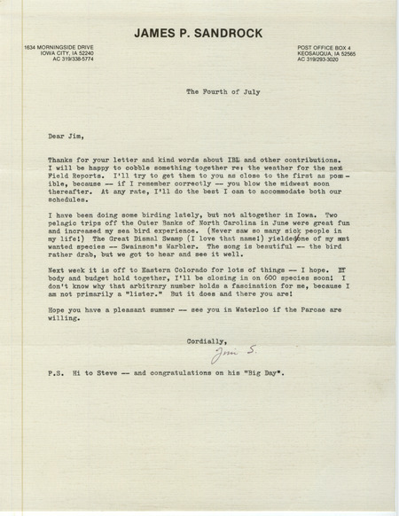 James P. Sandrock letter to James J. Dinsmore regarding his willingness to compile a weather report for summer 1986. The letter also mentions some recent birding trips he has taken. This item was used as supporting documentation for the Iowa Ornithologists Union Quarterly field report of summer 1986.