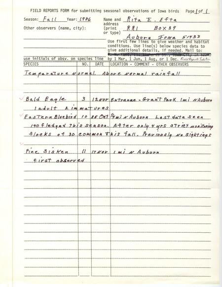 Efta lists sightings of Bald Eagles, Pine Siskins, and a sizeable population of Eastern Bluebirds, all in the vicinity of Auburn, Iowa. This item was used as supporting documentation for the Iowa Ornithologists' Union Quarterly Report of fall 1986.