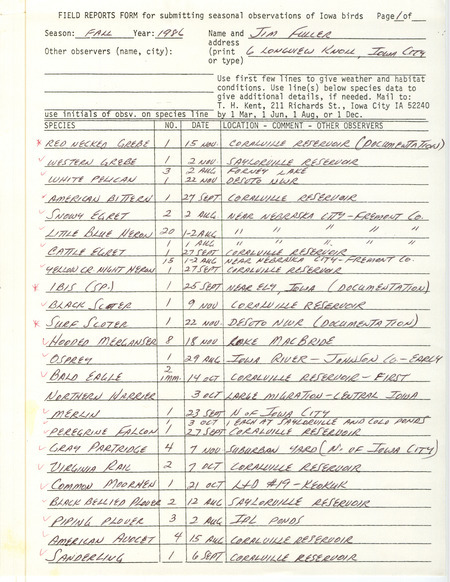 Fuller lists various birds sighted during the fall season, including an albino Barred Owl. This item was used as supporting documentation for the Iowa Ornithologists' Union Quarterly Report of fall 1986.