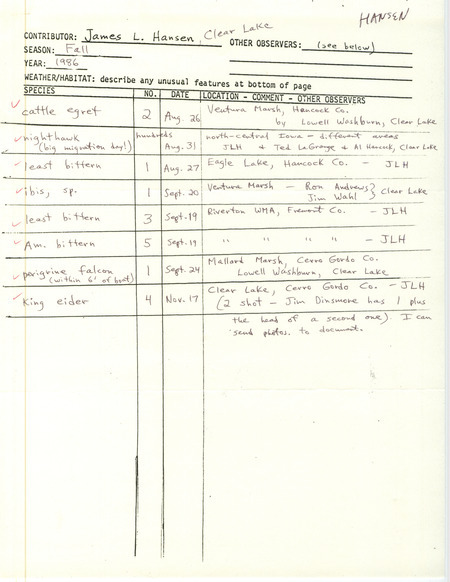 Hansen lists various birds sighted by himself and others. This item was used as supporting documentation for the Iowa Ornithologists' Union Quarterly Report of fall 1986.