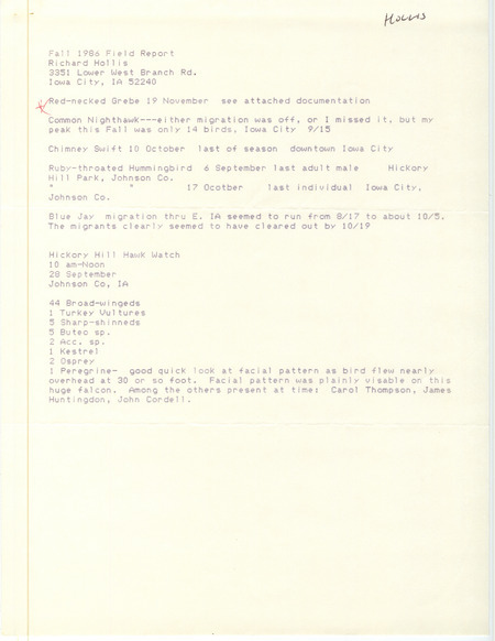 Hollis lists various birds seen in Iowa City, including many raptors seen as part the Hickory Hill Hawk Watch on September 28, 1986. This item was used as supporting documentation for the Iowa Ornithologists' Union Quarterly Report of fall 1986.