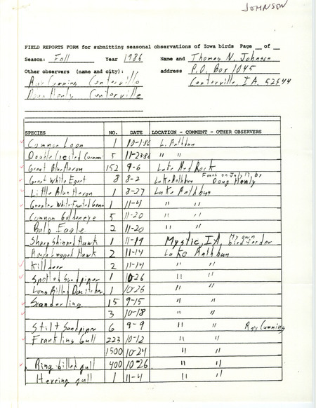 List of birds and locations contributed by Tom Johnson with observer Raymond L. Cummins. This item was used as supporting documentation for the Iowa Ornithologists Union Quarterly field report of fall 1986.
