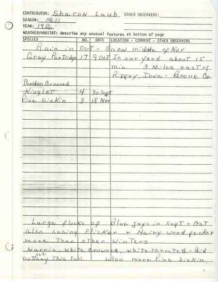 List of birds and locations contributed by Sharon Laub. This item was used as supporting documentation for the Iowa Ornithologists Union Quarterly field report of fall 1986.