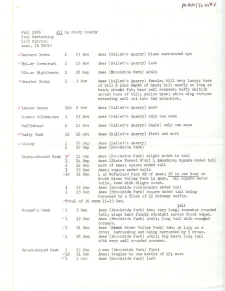 List of birds and locations contributed by Paul Martsching. The field notes include several bird descriptions. This item was used as supporting documentation for the Iowa Ornithologists Union Quarterly field report of fall 1986.