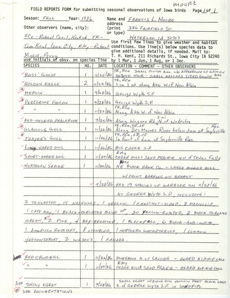 List of birds and locations contributed by Francis L. Moore with observers Robert I. Cecil, Thomas H. Kent and Robert K. Myers. This item was used as supporting documentation for the Iowa Ornithologists Union Quarterly field report of fall 1986.