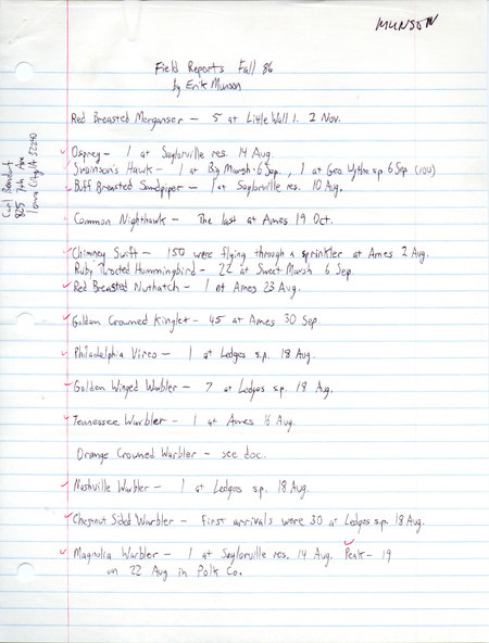List of birds and locations contributed by Erik Munson. This item was used as supporting documentation for the Iowa Ornithologists Union Quarterly field report of fall 1986.