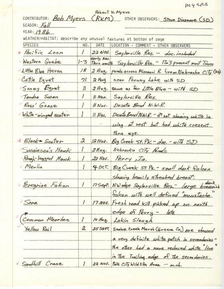List of birds and locations contributed by Robert K. Myers with observer Stephen J. Dinsmore. The field notes include several bird descriptions. This item was used as supporting documentation for the Iowa Ornithologists Union Quarterly field report of fall 1986.