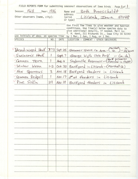 List of birds and locations contributed by Beth Proescholdt. This item was used as supporting documentation for the Iowa Ornithologists Union Quarterly field report of fall 1986.
