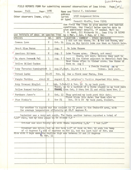 List of birds and locations contributed by Conrad F. Schlemmer. This item was used as supporting documentation for the Iowa Ornithologists Union Quarterly field report of fall 1986.