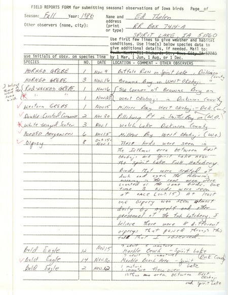 List of birds and locations contributed by Ed Thelen. This item was used as supporting documentation for the Iowa Ornithologists Union Quarterly field report of fall 1986.