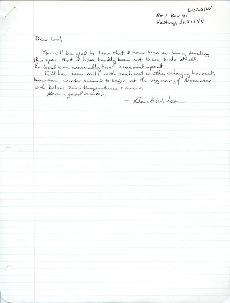 List of birds and locations contributed by Barbara L. Wilson. Included with the field notes is a letter from Barbara L. Wilson to Carl J. Bendorf regarding the mild, wet fall weather. This item was used as supporting documentation for the Iowa Ornithologists Union Quarterly field report of fall 1986.
