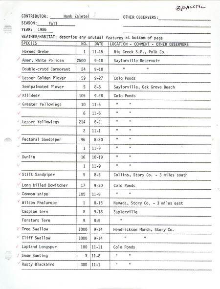 List of birds and locations contributed by Hank Zaletel. This item was used as supporting documentation for the Iowa Ornithologists Union Quarterly field report of fall 1986.