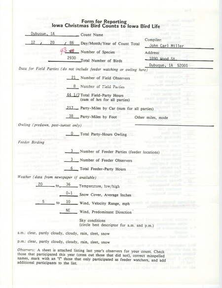 Iowa Christmas bird counts of regular and uncommon species found in Dubuque contributed by John Carl Miller, December 20, 1986. This item was used as supporting documentation for the Iowa Ornithologists Union Quarterly field report of winter 1986-1987.