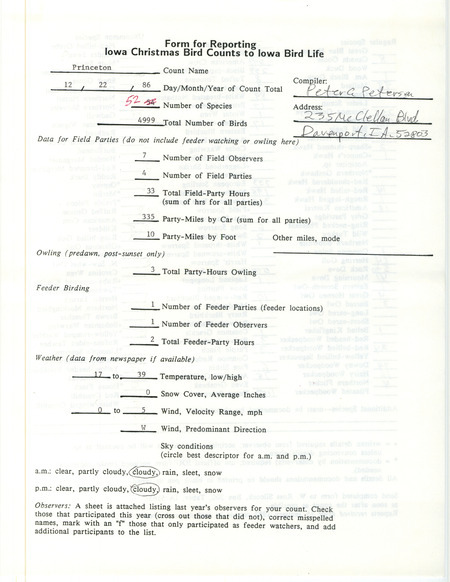 Iowa Christmas bird counts of regular and uncommon species found in Princeton contributed by Peter C. Petersen, December 22, 1986. This item was used as supporting documentation for the Iowa Ornithologists Union Quarterly field report of winter 1986-1987.