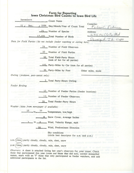 Iowa Christmas bird counts of regular and uncommon species found in Davenport contributed by Peter C. Petersen, December 21, 1986. This item was used as supporting documentation for the Iowa Ornithologists Union Quarterly field report of winter 1986-1987.