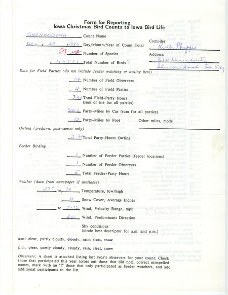 Iowa Christmas bird counts of regular and uncommon species found in Shenandoah contributed by Ruth Phipps, December 29, 1986. This item was used as supporting documentation for the Iowa Ornithologists Union Quarterly field report of winter 1986-1987.