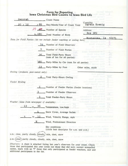 Iowa Christmas bird counts of regular and uncommon species found in Decorah contributed by Darwin Koenig, December 20, 1986. This item was used as supporting documentation for the Iowa Ornithologists Union Quarterly field report of winter 1986-1987.