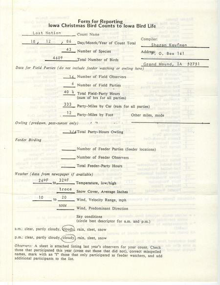 Iowa Christmas bird counts of regular and uncommon species found in Lost Nation contributed by Sharon Kaufman, December 18, 1986. This item was used as supporting documentation for the Iowa Ornithologists Union Quarterly field report of winter 1986-1987.