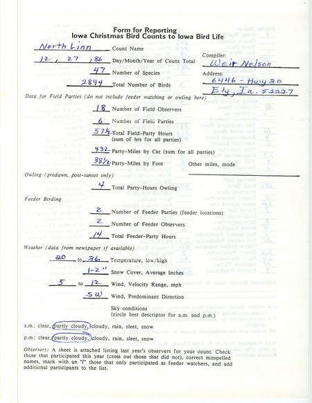 Iowa Christmas bird counts of regular and uncommon species found in north Linn County contributed by Weir Nelson, December 27, 1986. This item was used as supporting documentation for the Iowa Ornithologists Union Quarterly field report of winter 1986-1987.