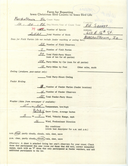 Iowa Christmas bird counts of regular and uncommon species found in Marshalltown contributed by Ed Savage, December 20, 1986. This item was used as supporting documentation for the Iowa Ornithologists Union Quarterly field report of winter 1986-1987.