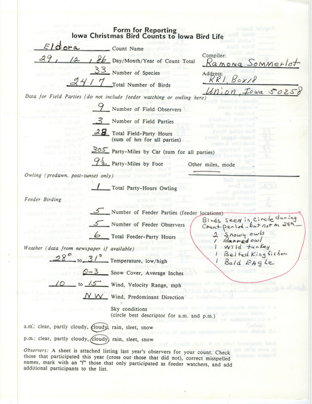 Iowa Christmas bird counts of regular and uncommon species found in Eldora contributed by Ramona R. Sommerlot, December 29, 1986. This item was used as supporting documentation for the Iowa Ornithologists Union Quarterly field report of winter 1986-1987.