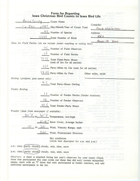 Iowa Christmas bird counts of regular and uncommon species found in Boone County contributed by Mark Widrlechner, January 1, 1987. This item was used as supporting documentation for the Iowa Ornithologists Union Quarterly field report of winter 1986-1987.