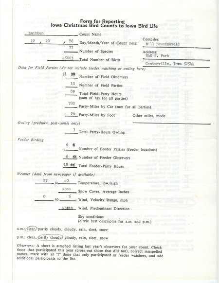 Iowa Christmas bird counts of regular and uncommon species found at Lake Rathbun contributed by Bill Heusinkveld, December 20, 1986. This item was used as supporting documentation for the Iowa Ornithologists Union Quarterly field report of winter 1986-1987.