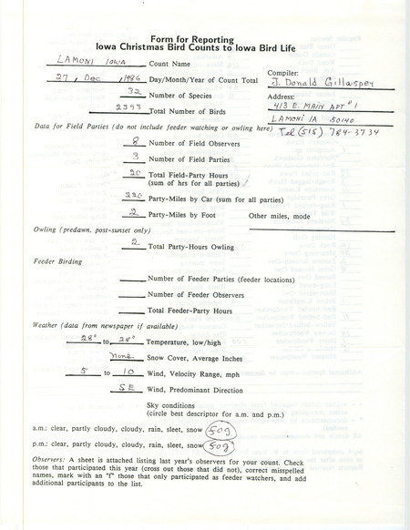 Iowa Christmas bird counts of regular and uncommon species found in Lamoni contributed by J. Donald Gillaspey, December 27, 1986. This item was used as supporting documentation for the Iowa Ornithologists Union Quarterly field report of winter 1986-1987.