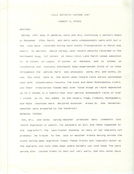 Quarterly field report for the spring of 1987 titled "field reports spring 1987."