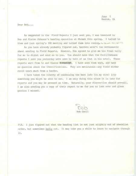 Field notes contributed by Robert I. Cecil in a letter to Robert K. Myers regarding bird banding by Don Johnson and Elaine Johnson. It includes a bird banding report in the form of a table. This item was used as supporting documentation for the Iowa Ornithologists Union Quarterly field report of spring 1987.