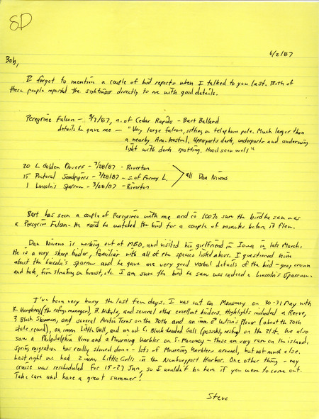 Field notes contributed by Stephen J. Dinsmore in a letter to Robert K. Myers, June 2, 1987. It includes reports from Bart M. Ballard and Dan Nivens with detailed observations. This item was used as supporting documentation for the Iowa Ornithologists Union Quarterly field report of spring 1987.