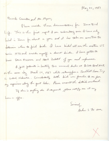 Field notes contributed by Andrew S. Fix in a letter to Robert K. Myers, May 20, 1987. This item was used as supporting documentation for the Iowa Ornithologists Union Quarterly field report of spring 1987.