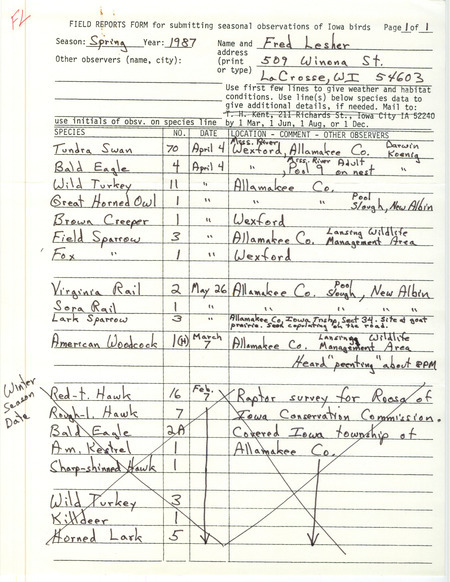 List of birds and location contributed by Fred Lesher. This item was used as supporting documentation for the Iowa Ornithologists Union Quarterly field report of spring 1987.