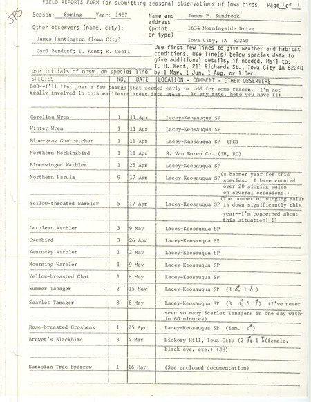 List of birds and locations contributed by James P. Sandrock with observers James Huntington, Carl J. Bendorf, Thomas H. Kent and Robert I. Cecil. This item was used as supporting documentation for the Iowa Ornithologists Union Quarterly field report of spring 1987.
