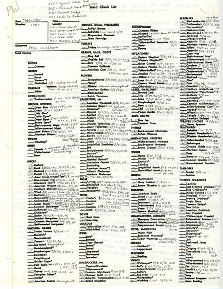 List of birds and locations contributed by Peter P. Wickham. This item was used as supporting documentation for the Iowa Ornithologists Union Quarterly field report of spring 1987.