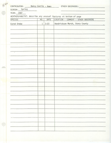 Field notes contributed by Nancy Kurrle include a single bird sighting of an Eared Grebe at Hendrickson March Lake. This item was used as supporting documentation for the Iowa Ornithologists Union Quarterly field report of spring 1987.